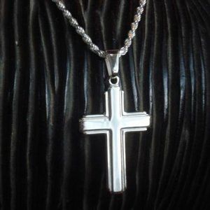 Large Real Sterling Silver Cross Pendant with Rope Chain Stamped 925 Italy